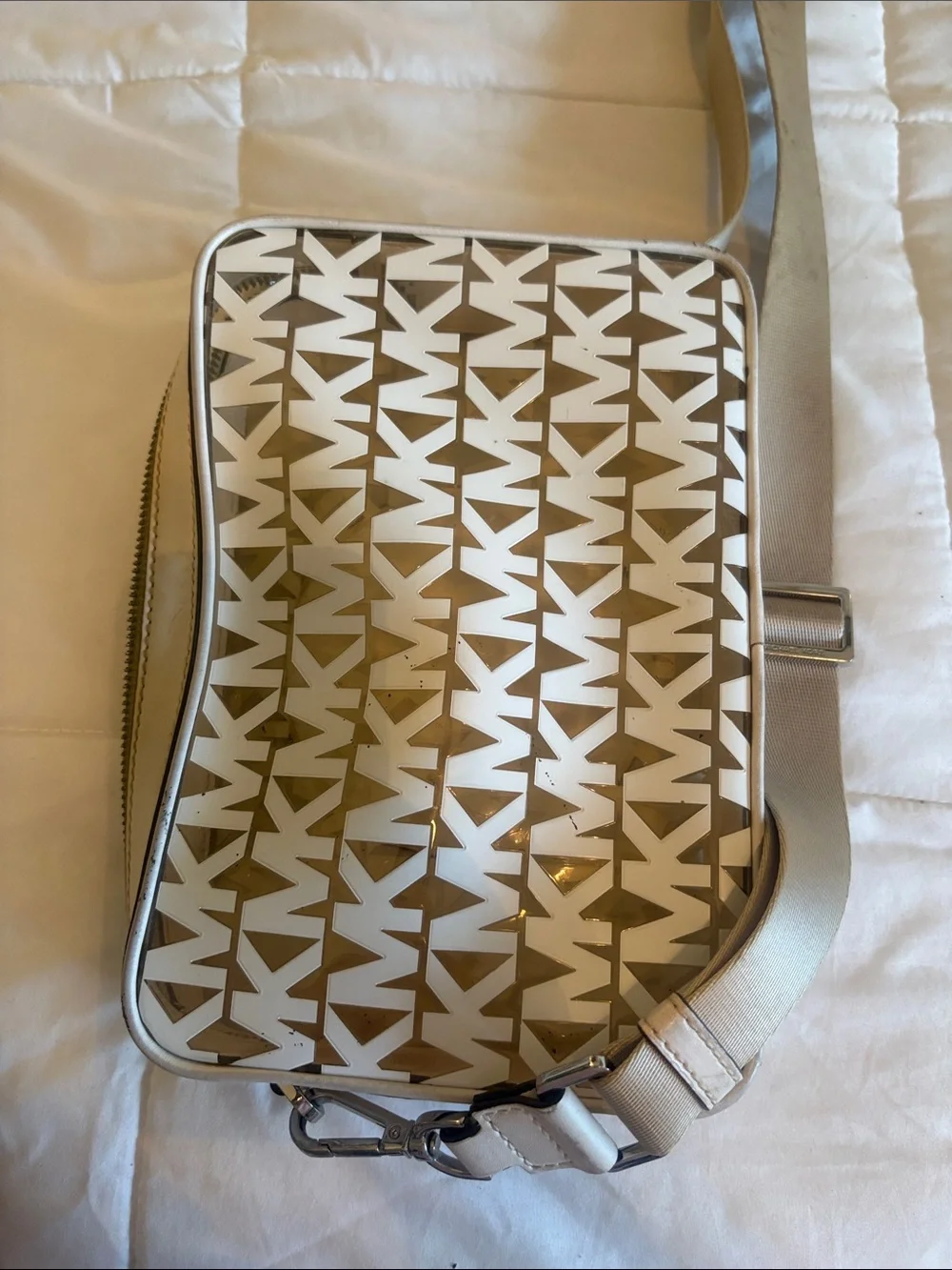 Michael Kors Taupe & White MK Logo Camera Crossbody